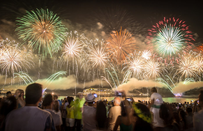 New Year's celebration in Copacabana, Rio de Janeiro, during the world famous fifteen minutes fireworks burning.