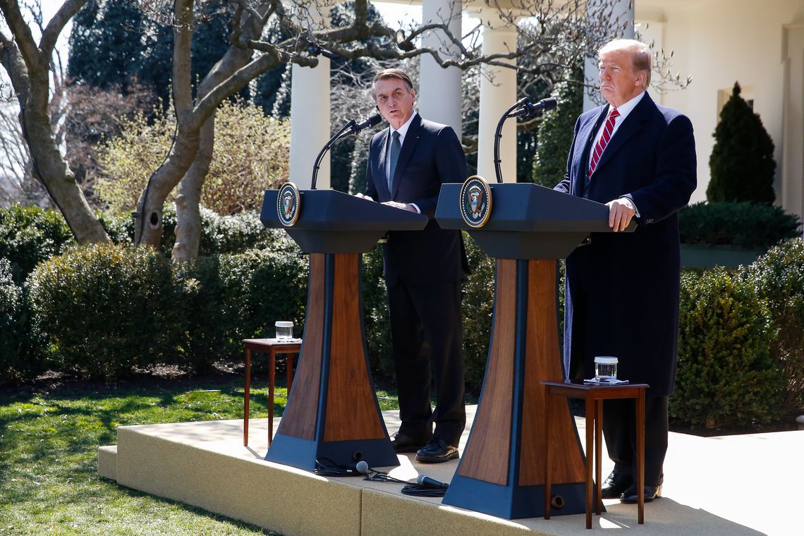O presidente do Brasil, Jair Bolsonaro, e o presidente dos EUA, Donald Trump, durante uma entrevista coletiva no Rose Garden da Casa Branca, em Washington (EUA)