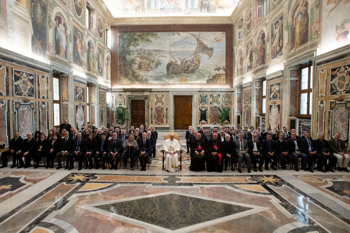 Pope Francis attends an audience with the Officials of the Vatican Secret Archive at the Vatican, March 4, 2019. Vatican Media/­Handout via REUTERS  ATTENTION EDITORS - THIS IMAGE WAS PROVIDED BY A THIRD PARTY.