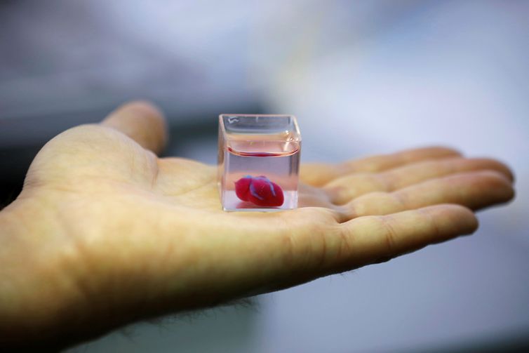 Um copo transparente contendo o que os cientistas israelenses da Universidade de Tel Aviv dizem ser o primeiro coração vascularizado impresso em 3D e vascularizado do mundo, é visto durante uma demonstração em um laboratório na universidade, em Tel Aviv.